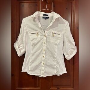 Jones New York White Button Down Blouse with Gold Detailing